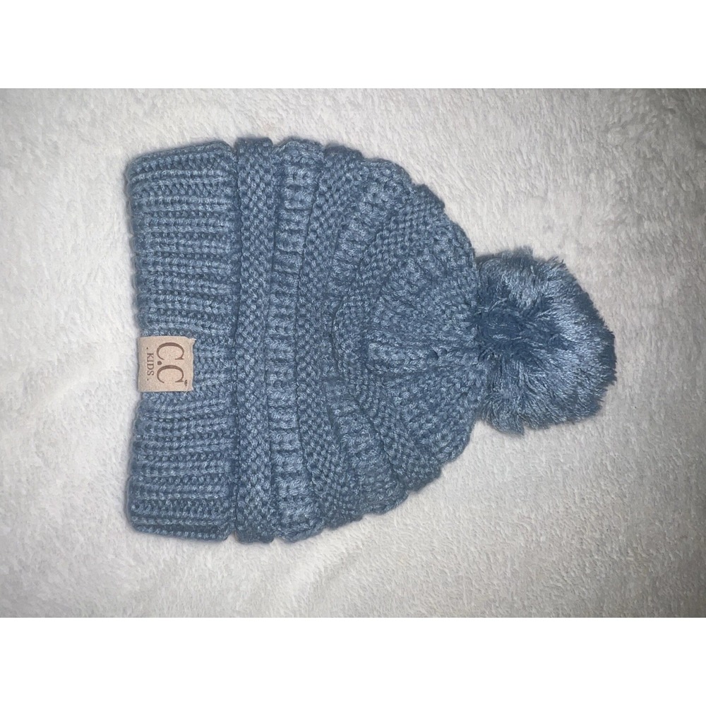 C.C Kids' Babies' Girls Soft Stretch Cable Knit Pom Pom Beanie Hat Pale Blue